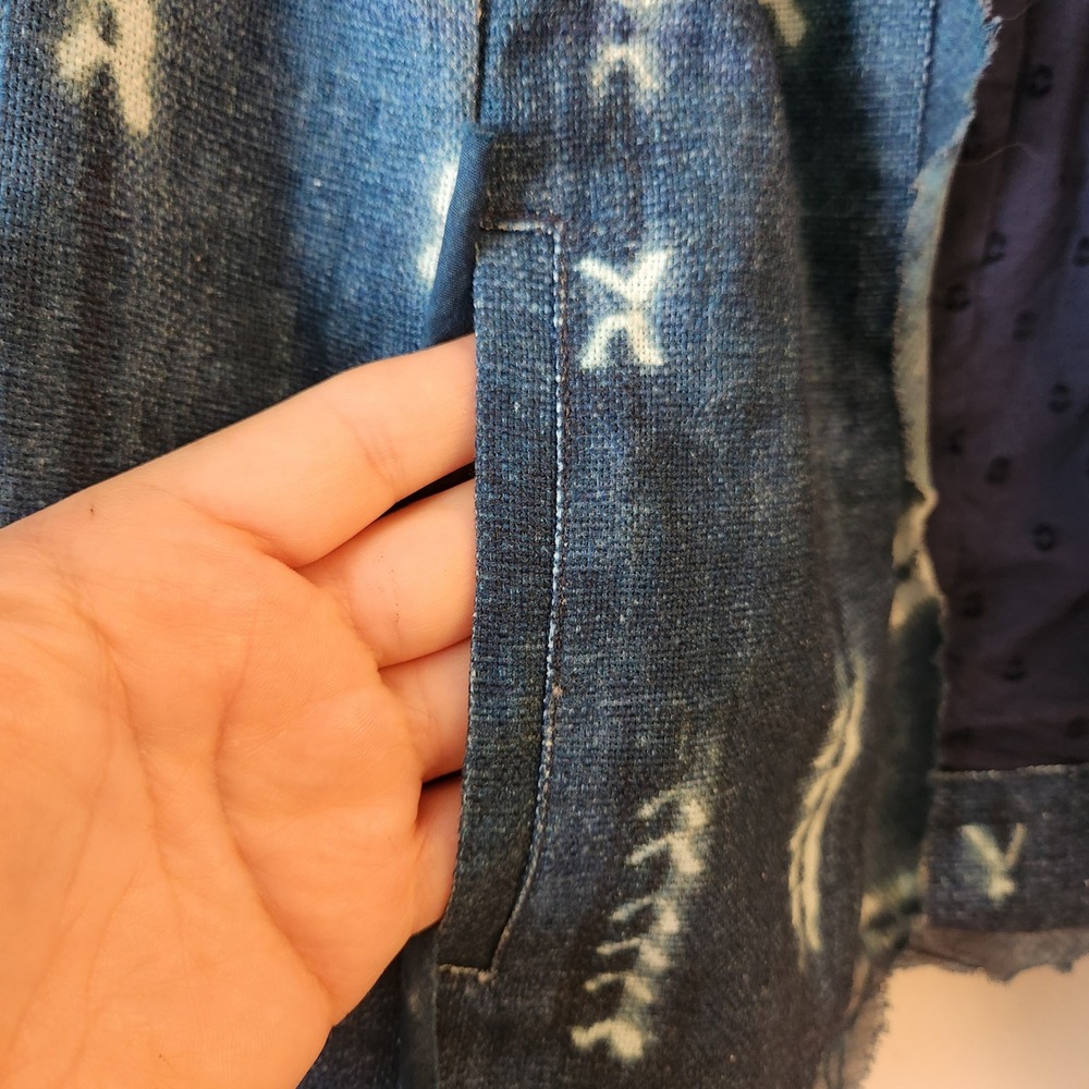Anthropologie Indigo Blue Shibori Tie Dye Cotton Cropped Open Front Denim Jacket - Picture 3 of 8